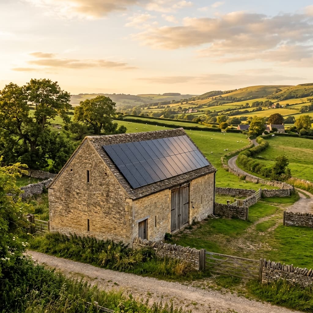 Cotswolds traditional stone barn with sleek roof-mounted solar PV panels