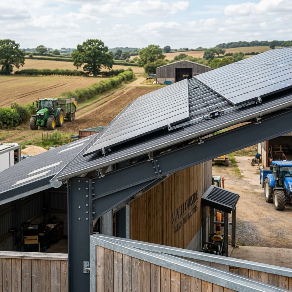 Modern solar panels on a Cotswolds farm barn roof under direct daylight