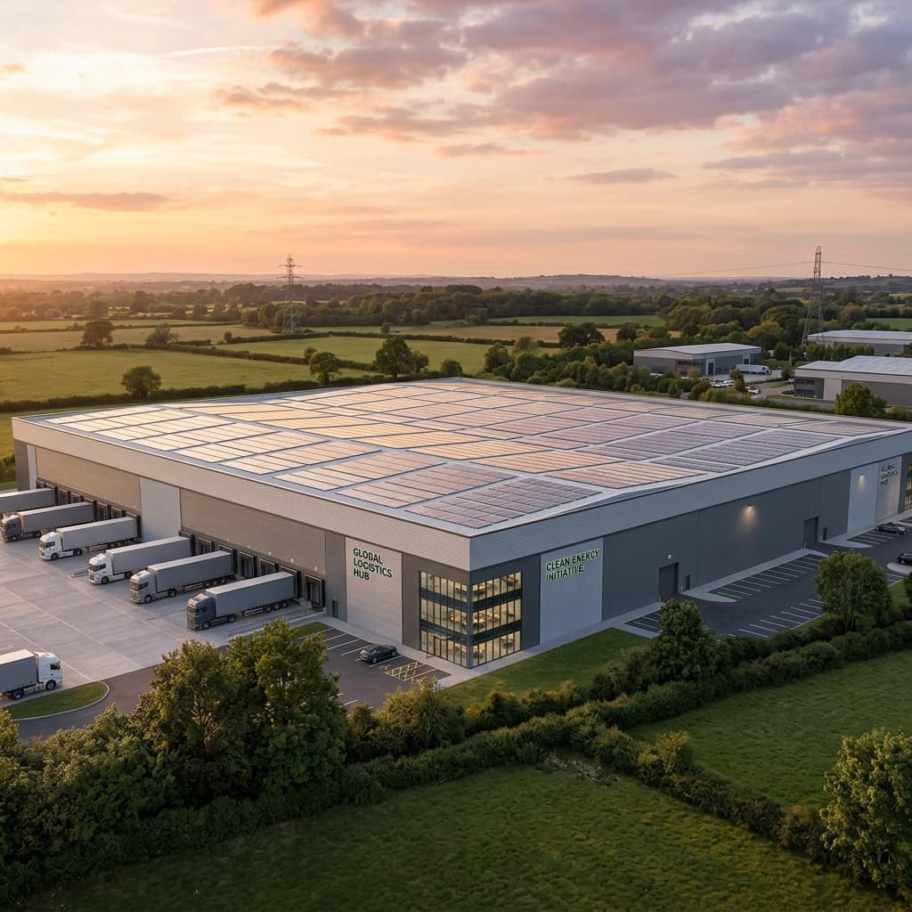 Commercial distribution center roof covered in high-output solar arrays at sunset